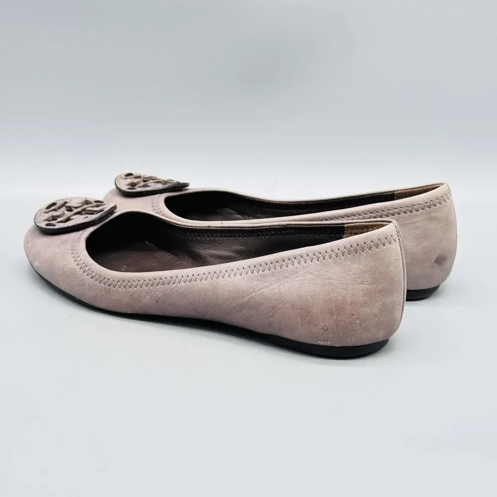 Tory Burch Shoes Womens 6 Gray Leather Slip On Ballet Flats Logo Medallion